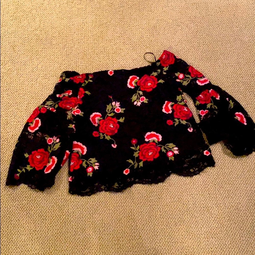 Black lace top with red and pink flowers